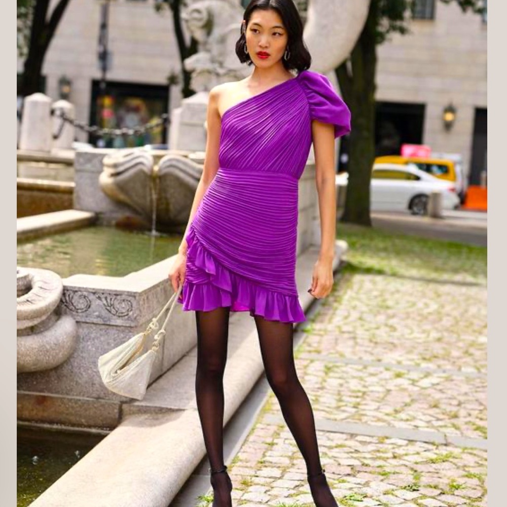 EXPRESS 🔹 One Shoulder Puff Sleeve Ruched Ruffle Mini Purple Dress - Size S